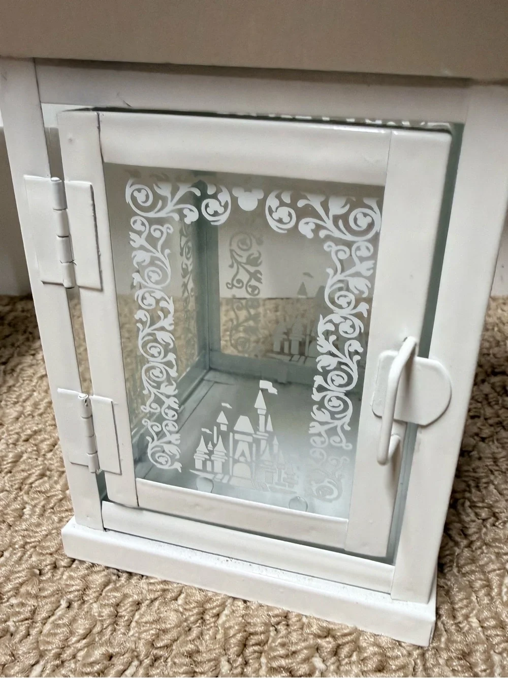Disney White Metal Lantern with Etched Glass Panels
